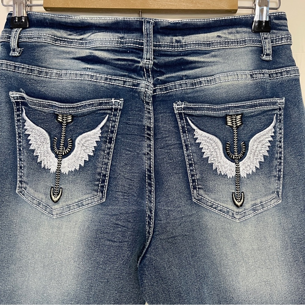 Wing and Arrow Embroidery Pockets Flared Denim Jeans Women's Small - Picture 9 of 14